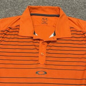 VTG Oakley Hydrolix Bright ORANGE BLACK Striped Golf Polo Shirt Sz L Regular Fit
